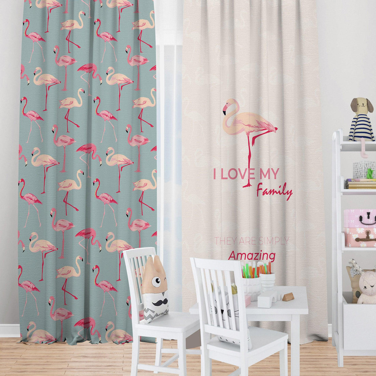 Pink Flamingo — printed curtain pair — Karen Fabrics