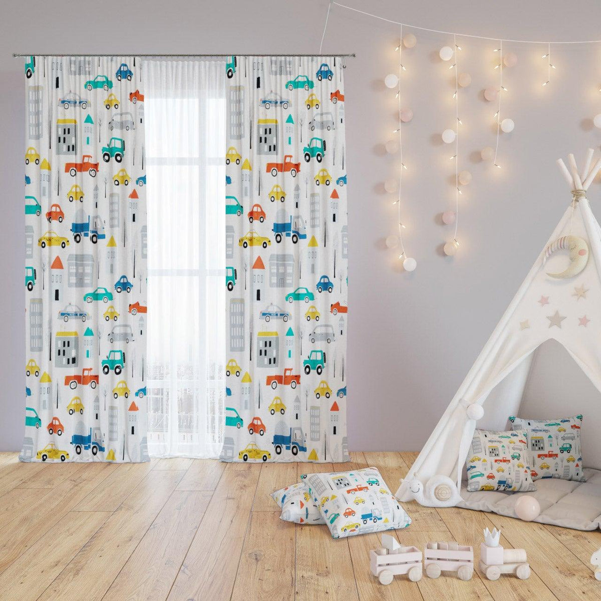 Busy Cars — printed curtain pair — Karen Fabrics