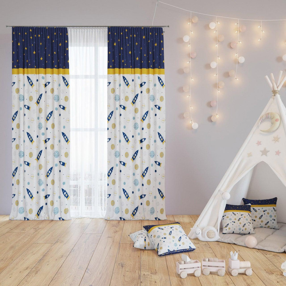 Little Astronaut — printed curtain pair — Karen Fabrics