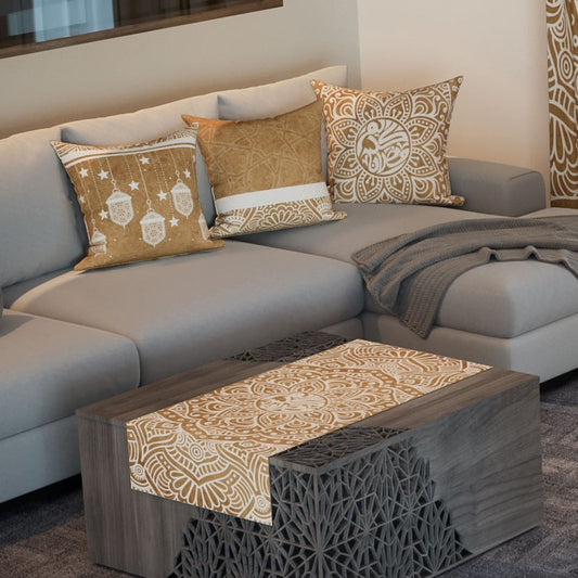 Golden Lanterns — the three cushions and the coffee-table runner