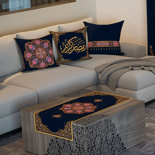 Navy & Gold Medallion — the three cushions and the coffee-table runner