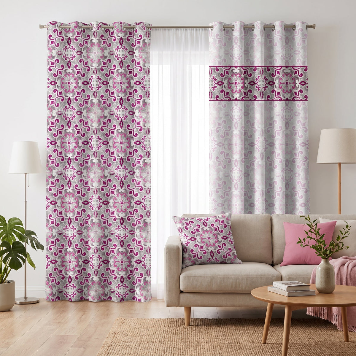 Berry Arabesque — printed curtain pair — Karen Fabrics Classic collection