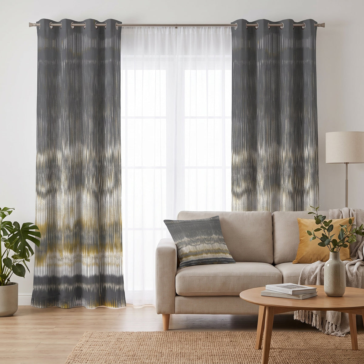 Golden Resonance — printed curtain pair — Karen Fabrics Modern collection