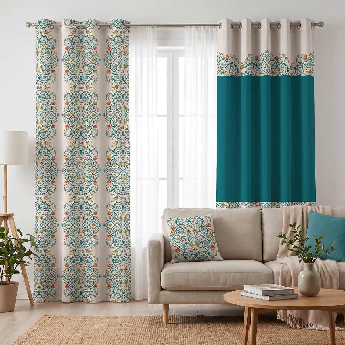 Teal Arabesque — printed curtain pair — Karen Fabrics Oriental collection