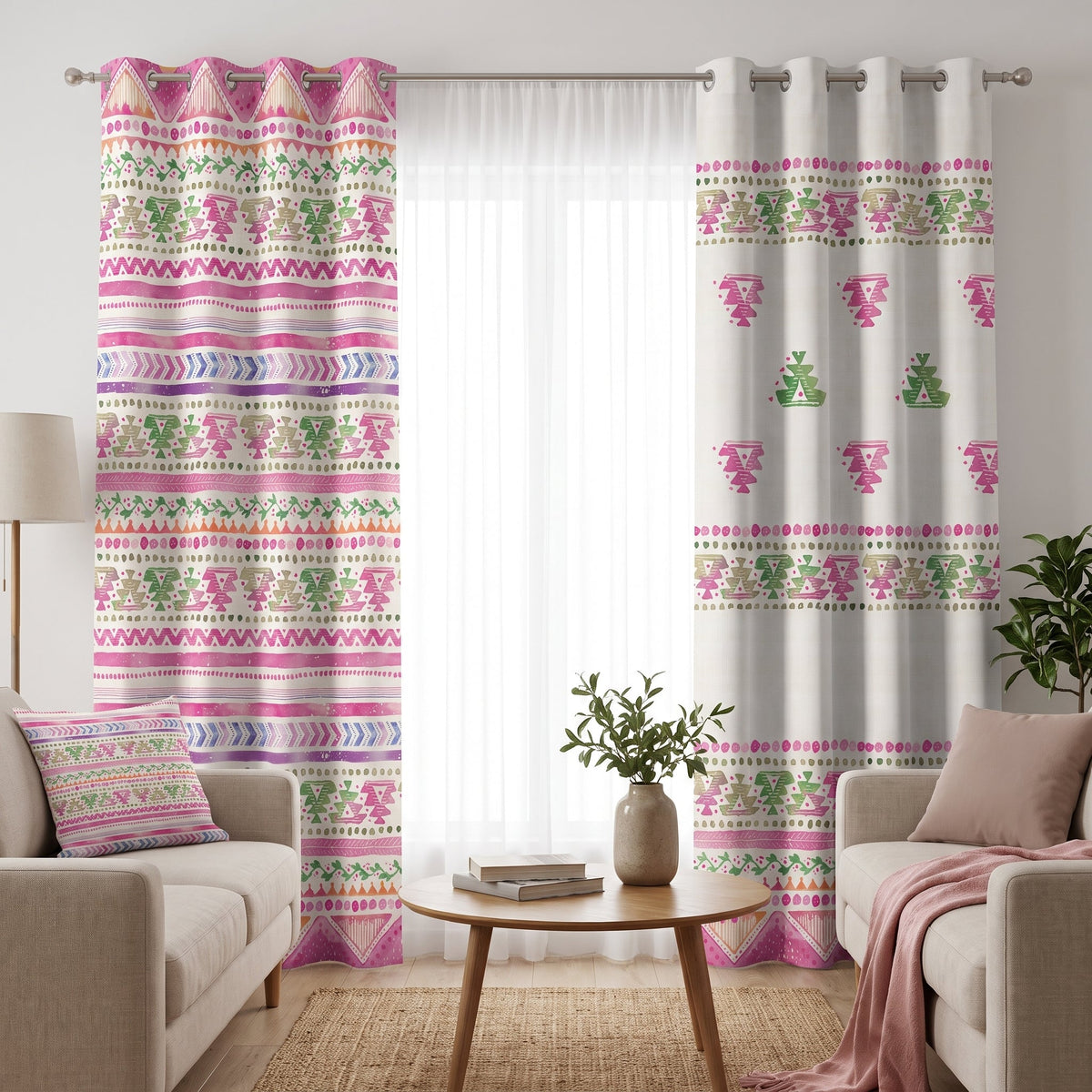 Rosy Folklore — printed curtain pair — Karen Fabrics Bohemian collection