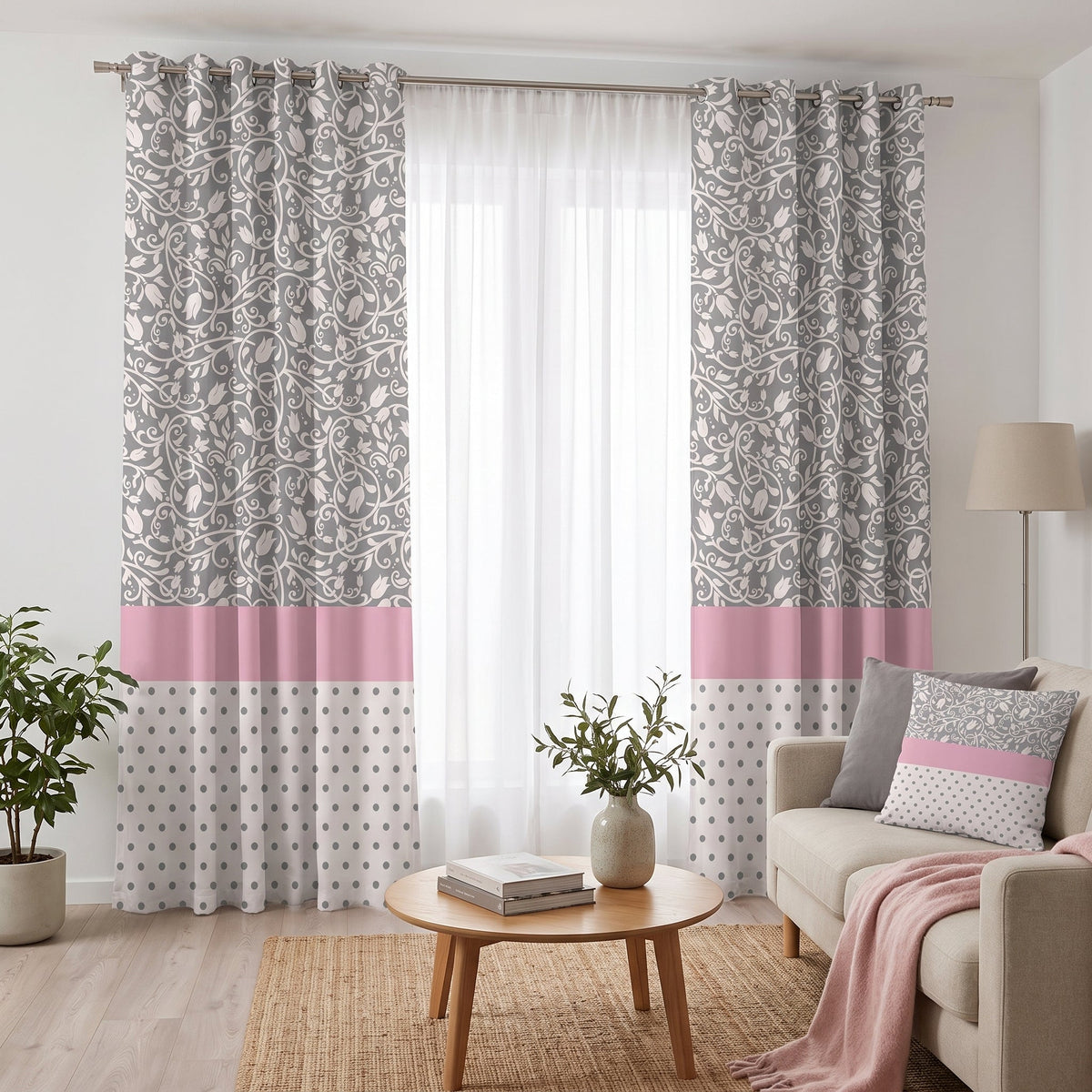 Silver & Rose — printed curtain pair — Karen Fabrics Vintage collection