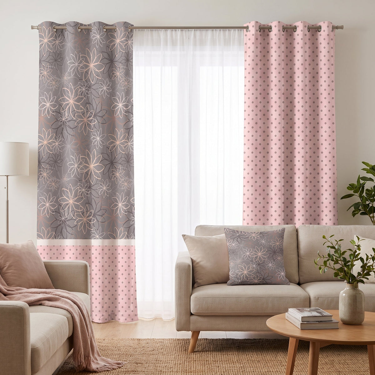 Rosy Sketch — printed curtain pair — Karen Fabrics Modern collection
