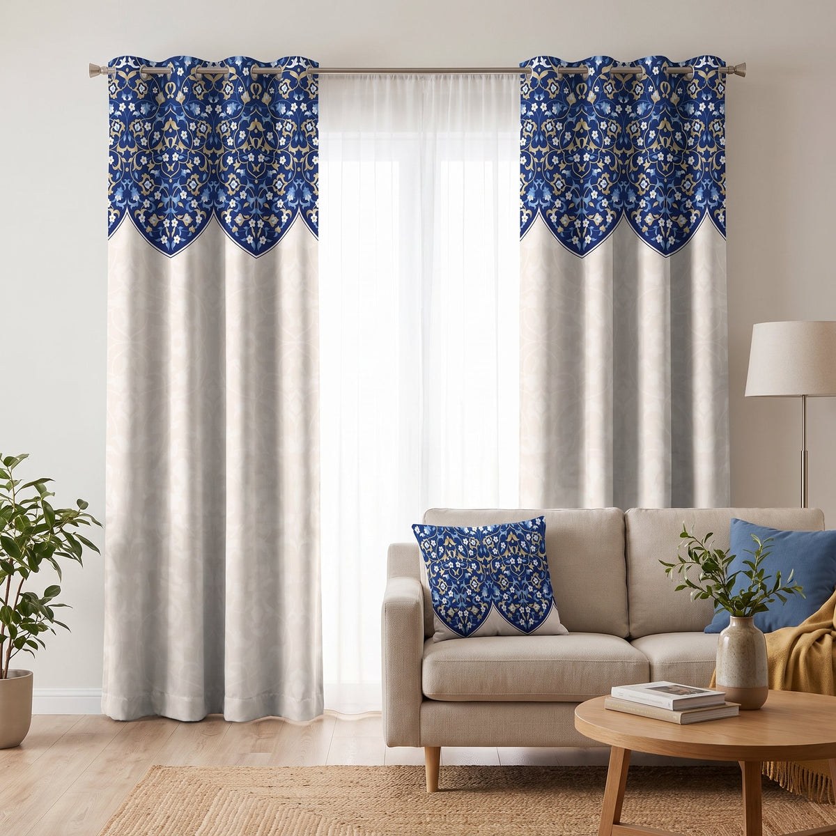 Lapis Arcade — printed curtain pair — Karen Fabrics Oriental collection