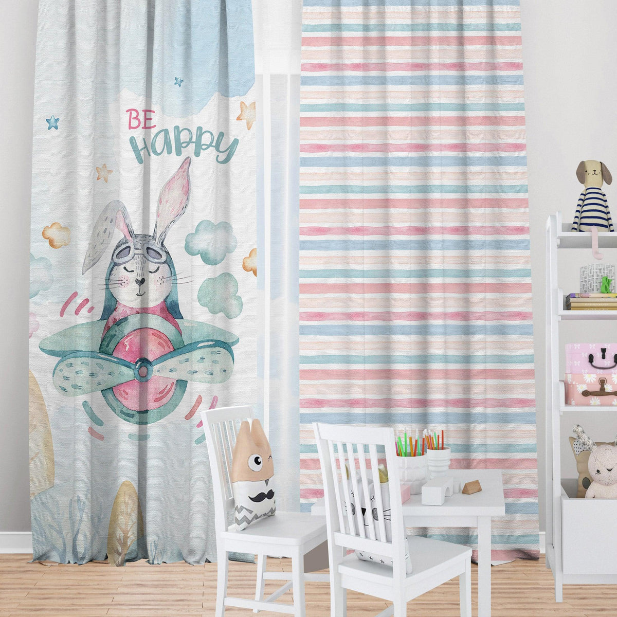Pilot Bunny — printed curtain pair — Karen Fabrics