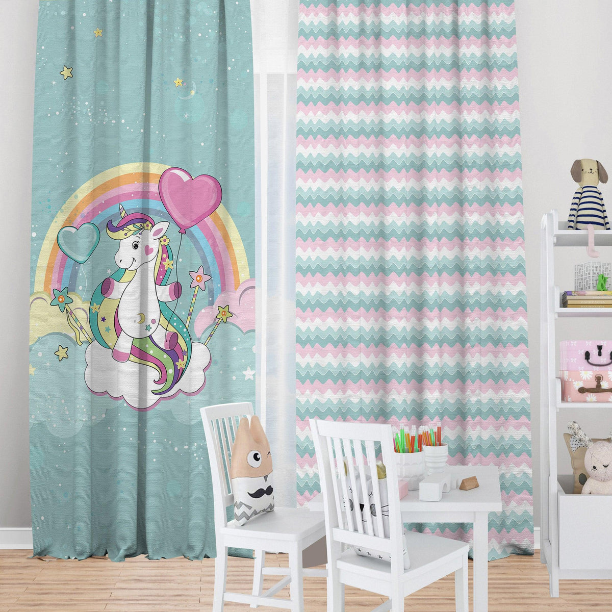 Unicorn Hearts — printed curtain pair — Karen Fabrics
