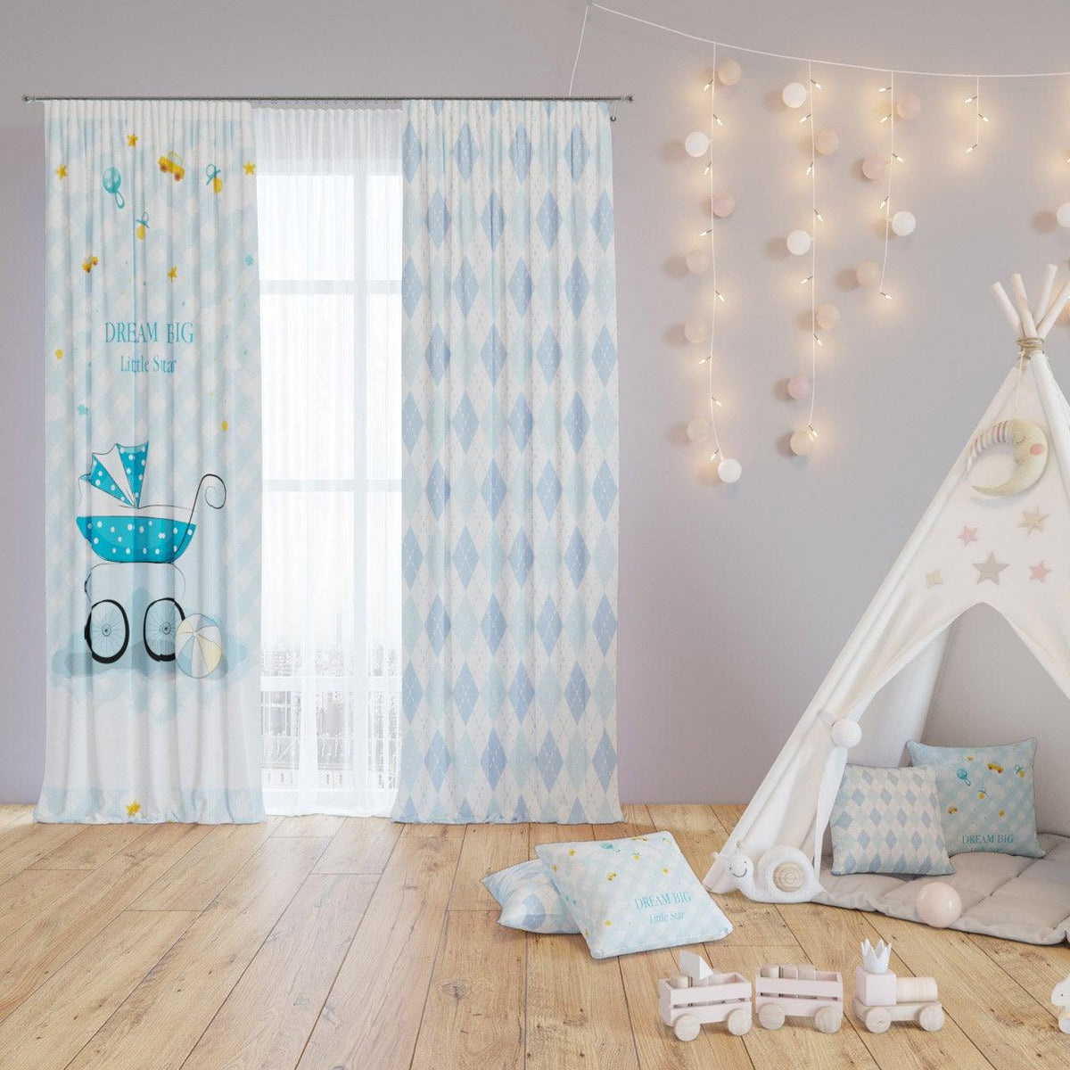 Baby Blue Crib — printed curtain pair — Karen Fabrics