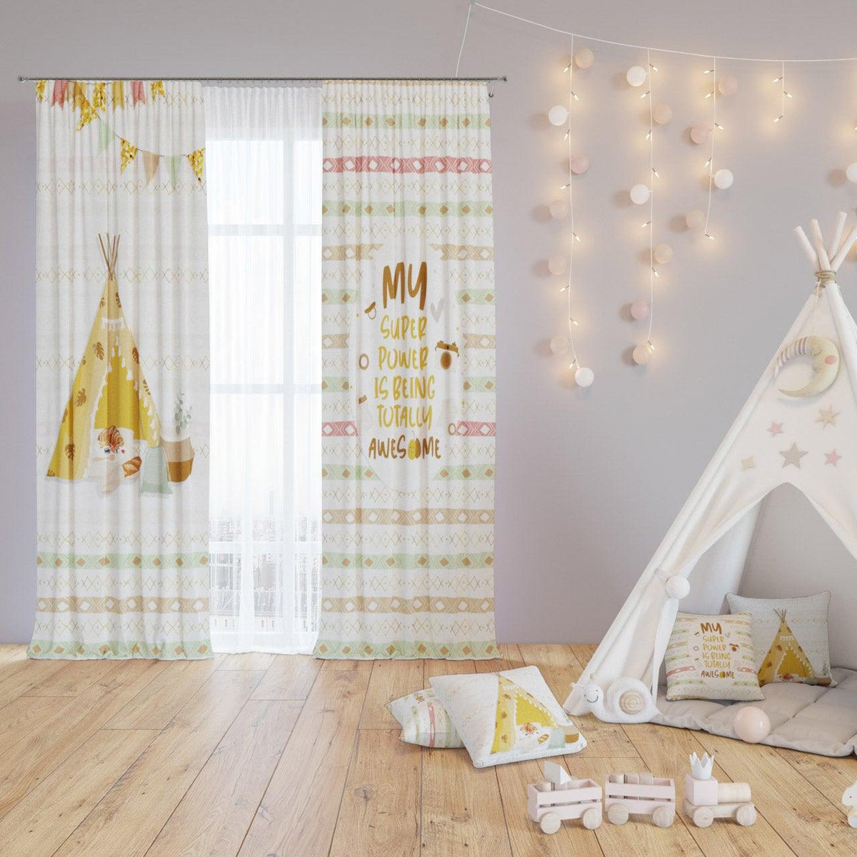 Sunny Camping — printed curtain pair — Karen Fabrics