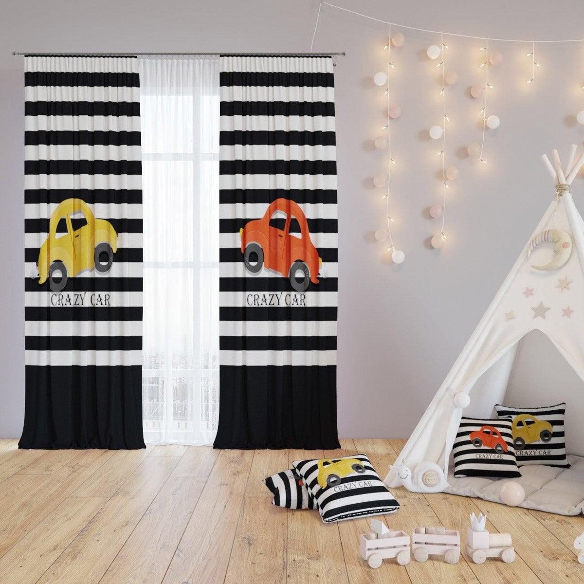 Striped Cars — printed curtain pair — Karen Fabrics