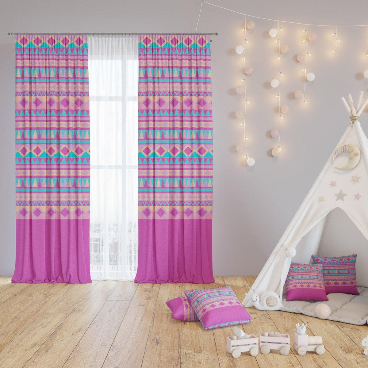 Pink Aztec — printed curtain pair — Karen Fabrics