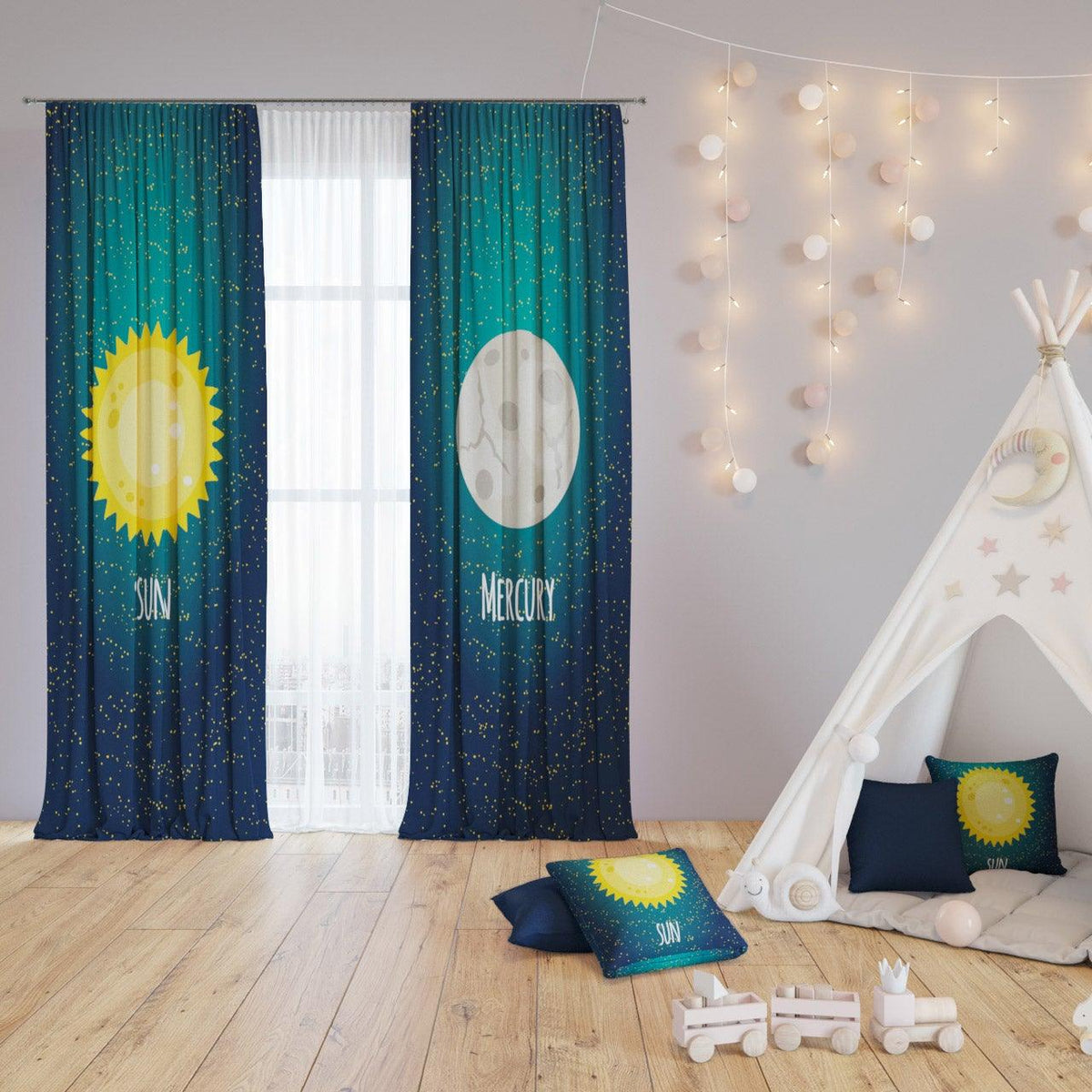 Mighty Cosmos — printed curtain pair — Karen Fabrics