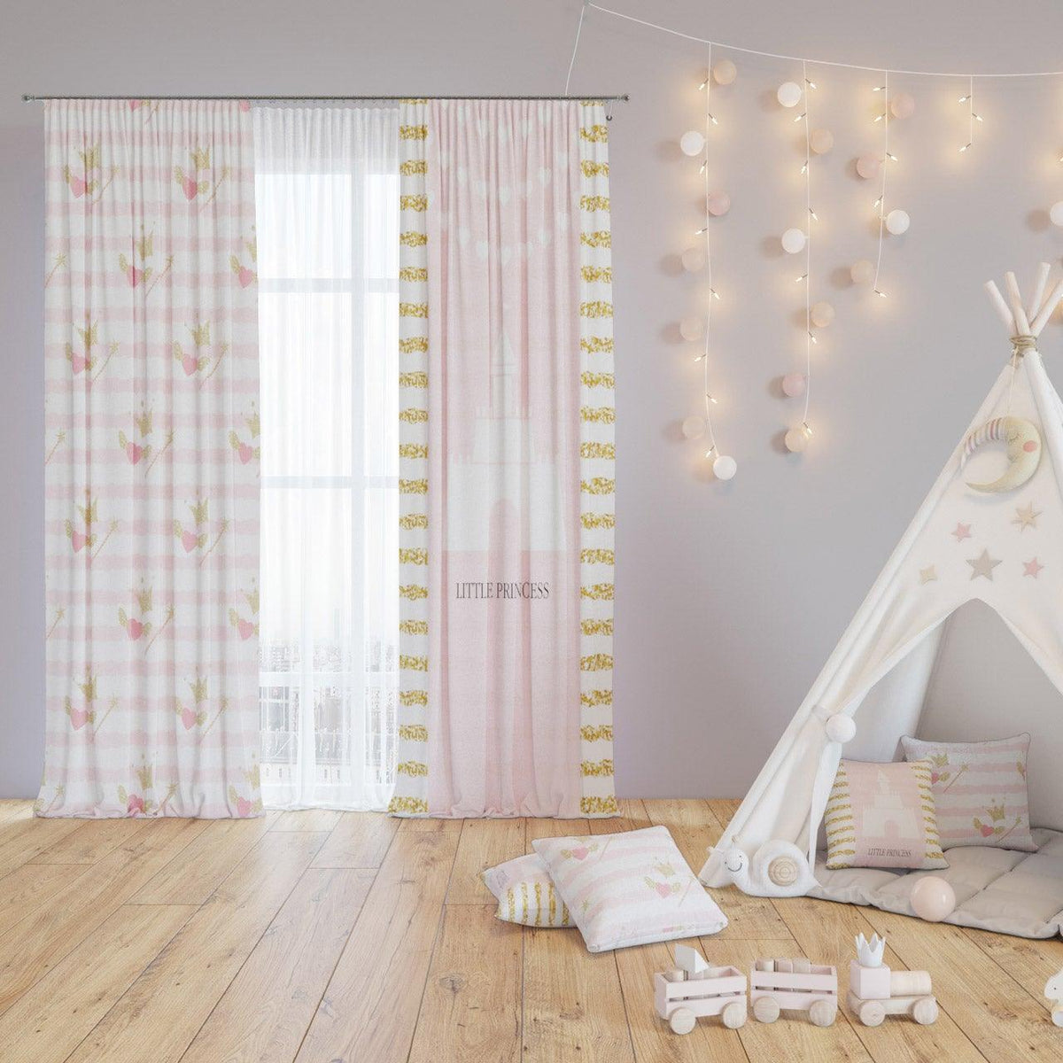 Princess Gold — printed curtain pair — Karen Fabrics