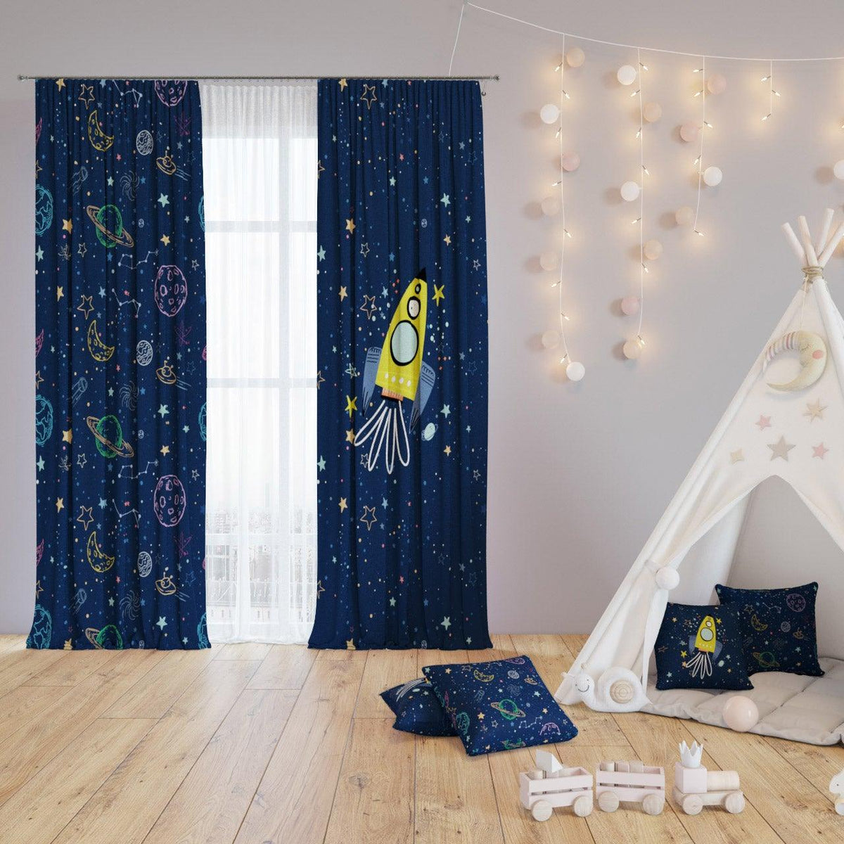 Rocket to the Moon — printed curtain pair — Karen Fabrics