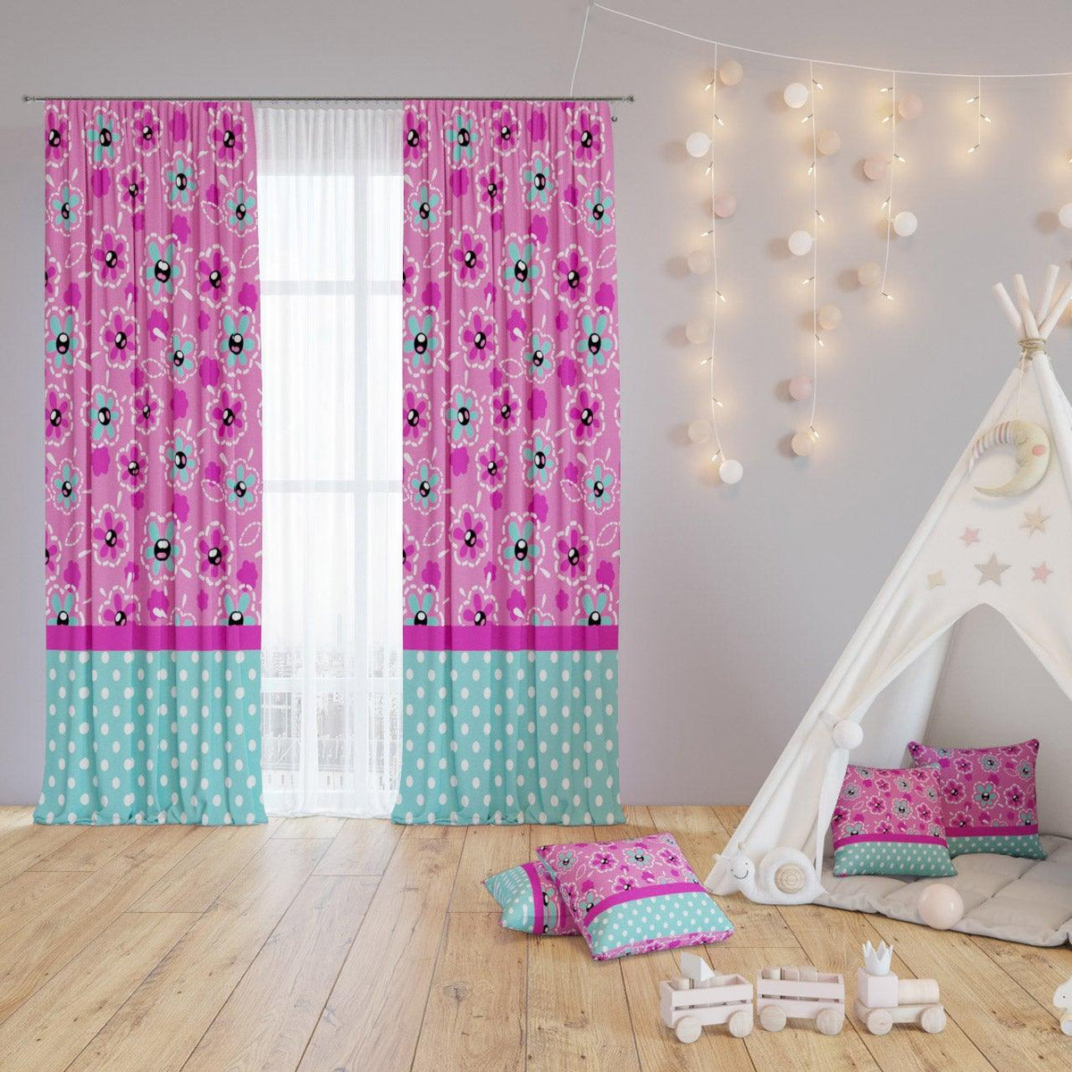 Pink Flower Bush — printed curtain pair — Karen Fabrics