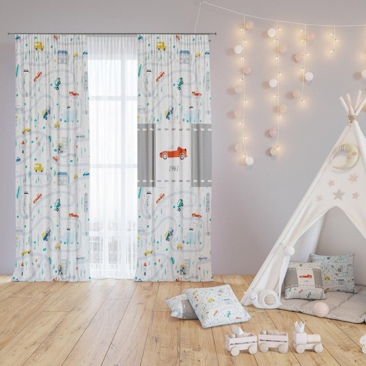 Race Cars — printed curtain pair — Karen Fabrics
