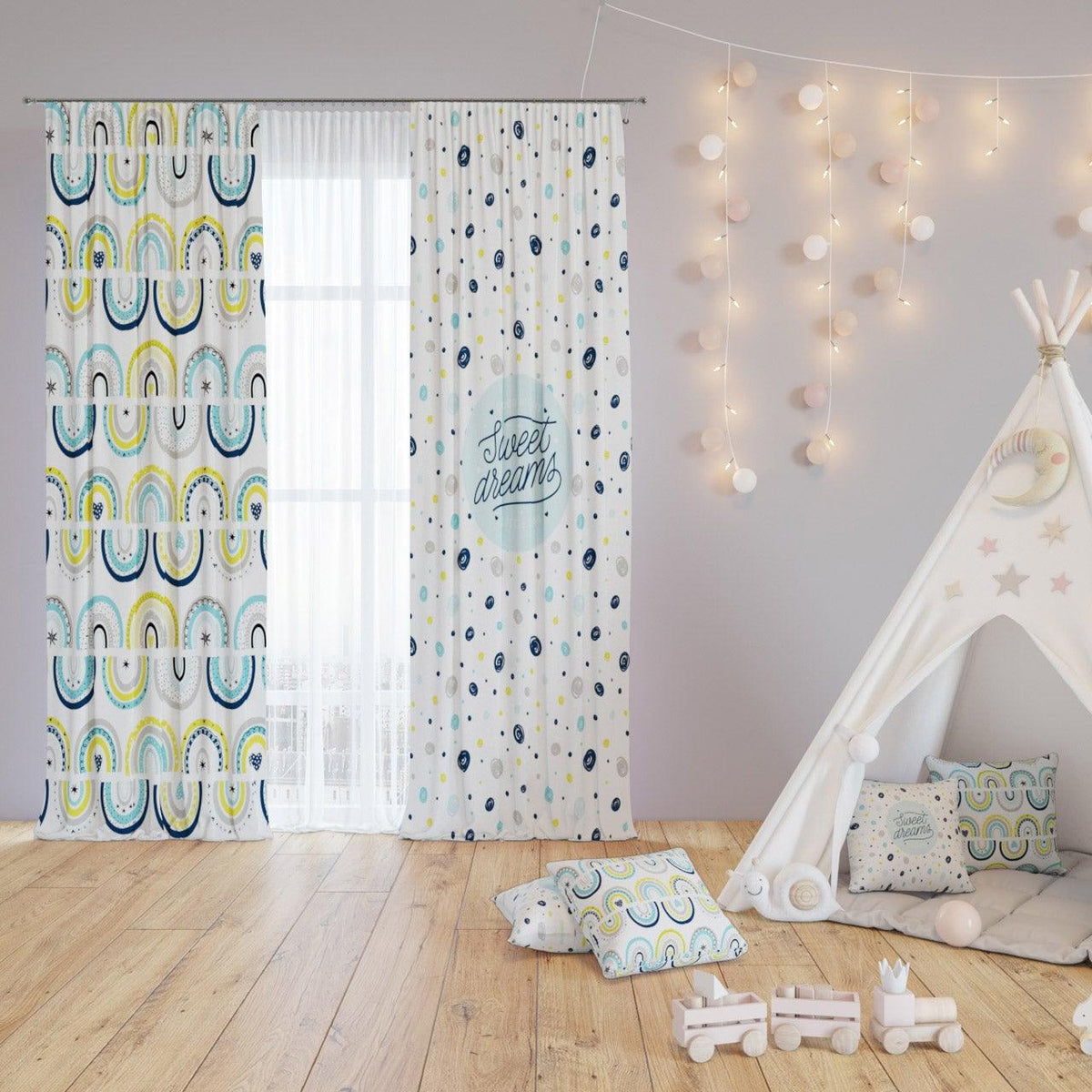Dots & Curves — printed curtain pair — Karen Fabrics