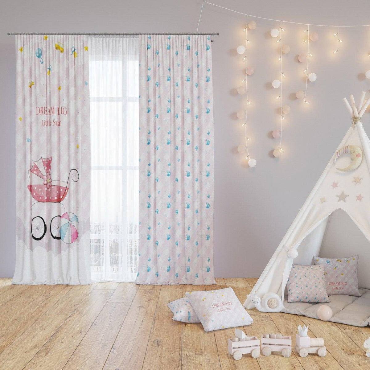 Baby Pink Crib — printed curtain pair — Karen Fabrics