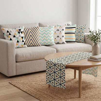 Triangle Trio — set of six printed cushions with a matching table runner — Karen Fabrics