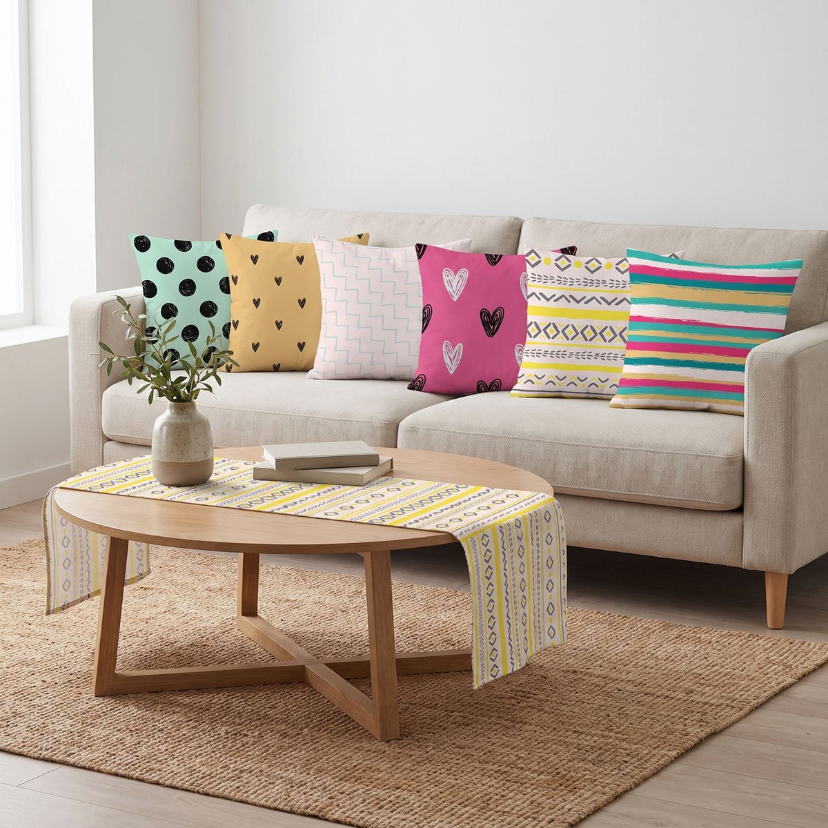 Dots & Hearts — set of six printed cushions with a matching table runner — Karen Fabrics