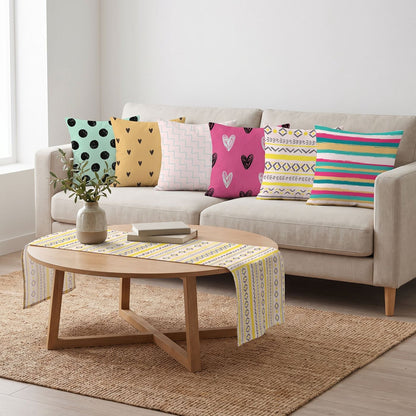 Dots & Hearts — set of six printed cushions with a matching table runner — Karen Fabrics