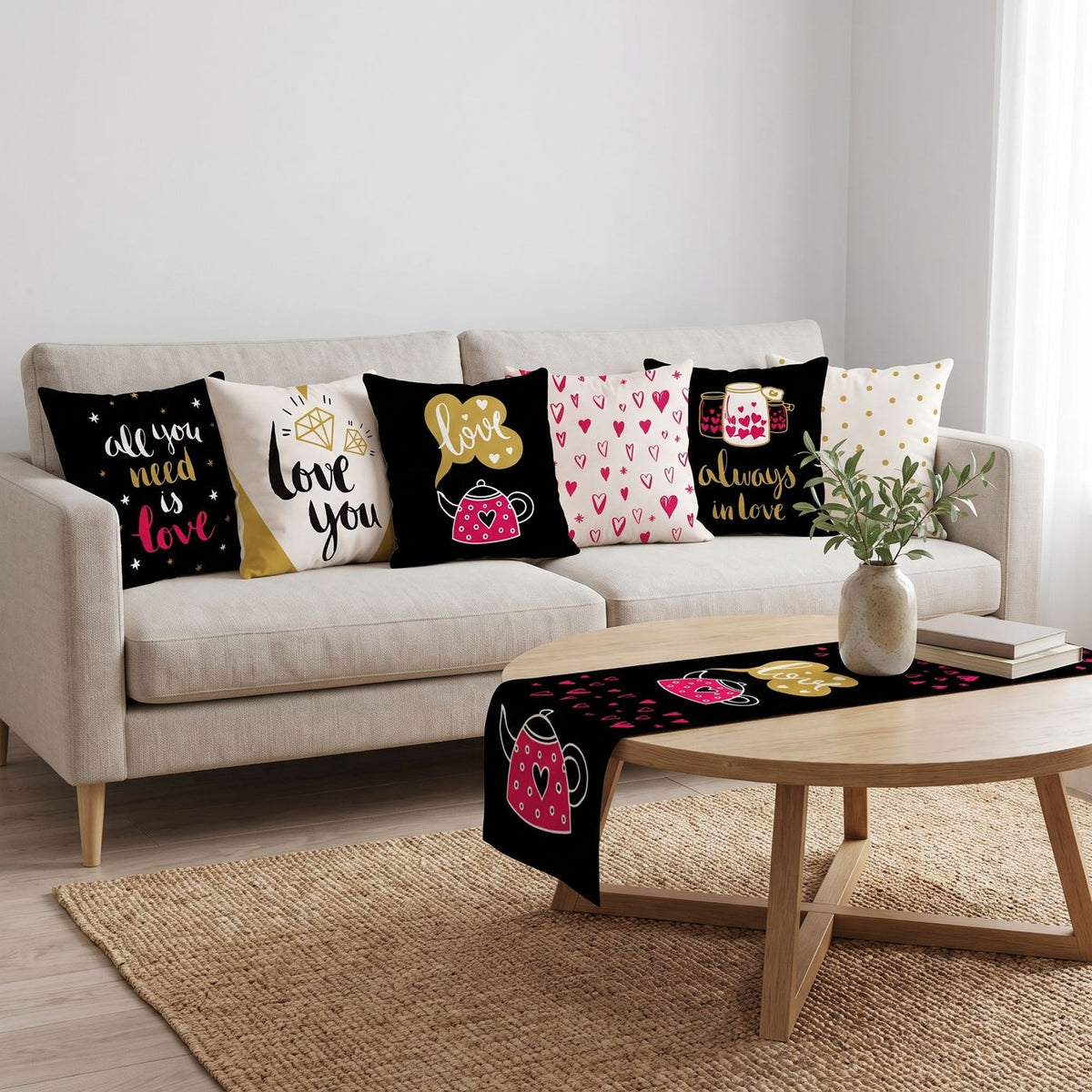Black Love — set of six printed cushions with a matching table runner — Karen Fabrics