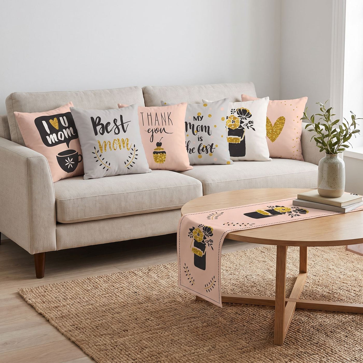 Golden Words — set of six printed cushions with a matching table runner — Karen Fabrics