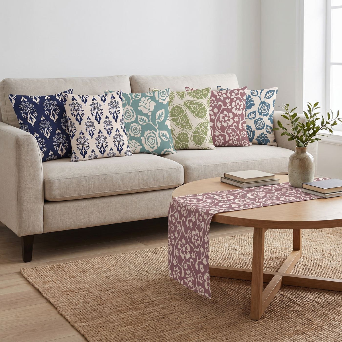 Lilac Lattice — set of six printed cushions with a matching table runner — Karen Fabrics