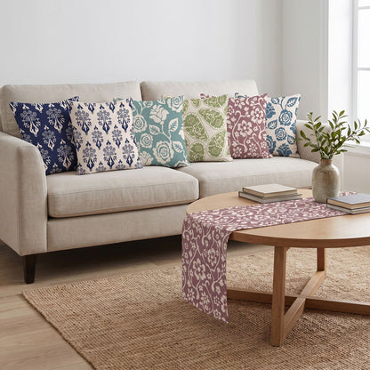 Lilac Lattice — set of six printed cushions with a matching table runner — Karen Fabrics