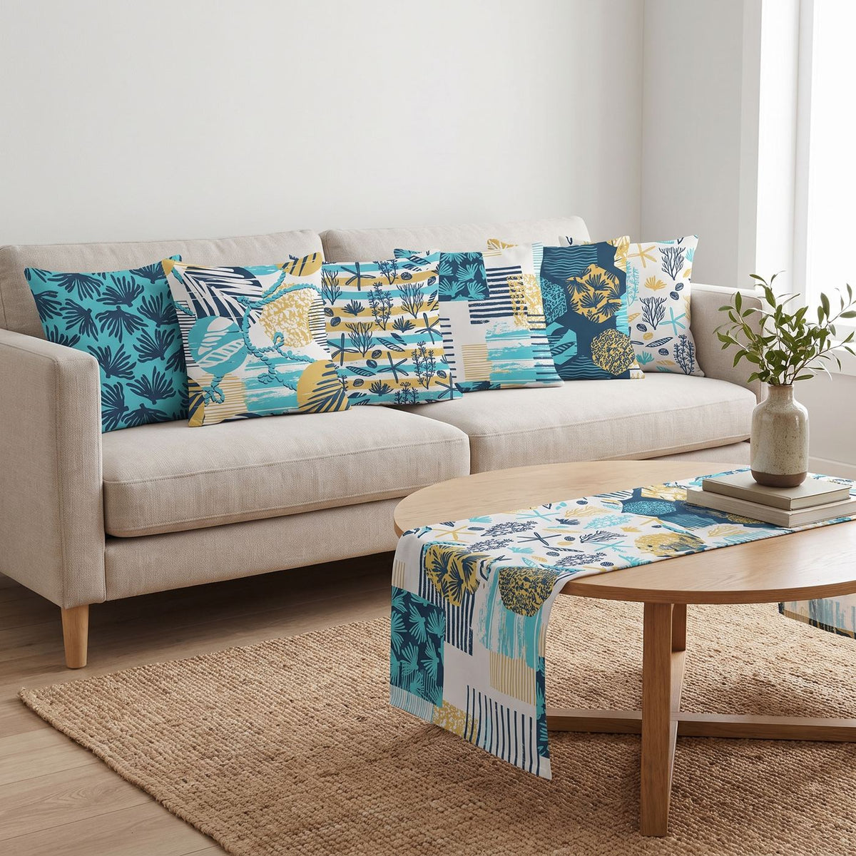 Blue Marble — set of six printed cushions with a matching table runner — Karen Fabrics