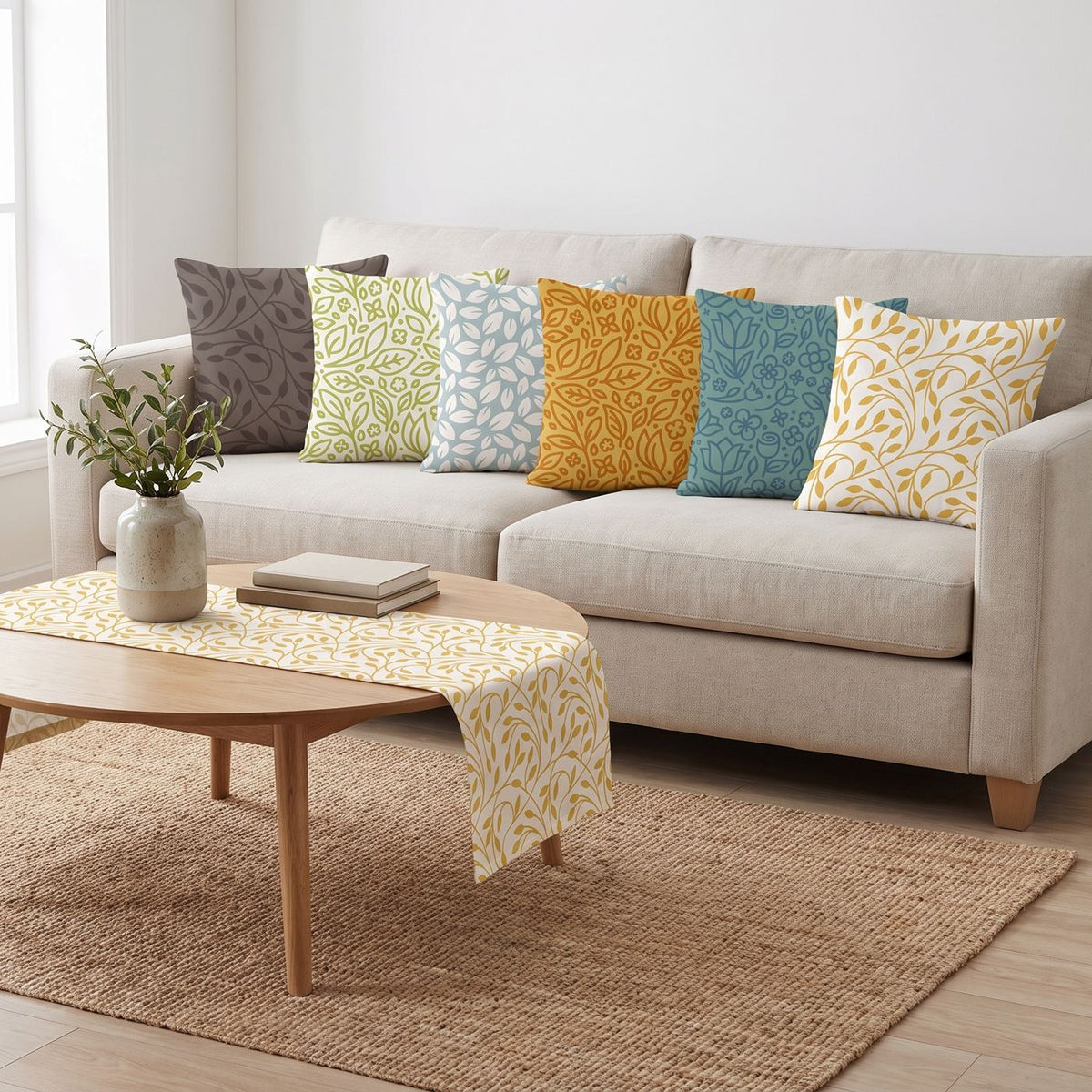Pastel Fields — set of six printed cushions with a matching table runner — Karen Fabrics