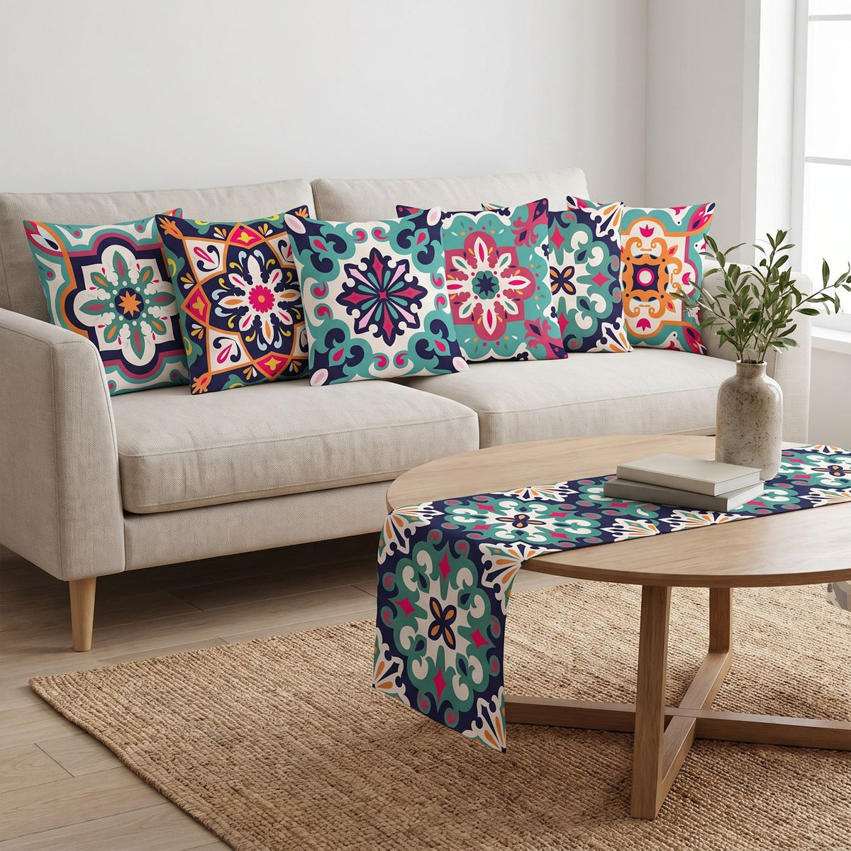 Mandala Garden — set of six printed cushions with a matching table runner — Karen Fabrics