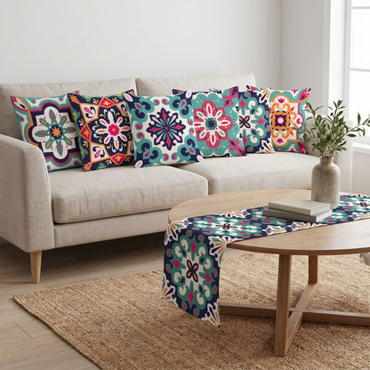 Mandala Garden — set of six printed cushions with a matching table runner — Karen Fabrics