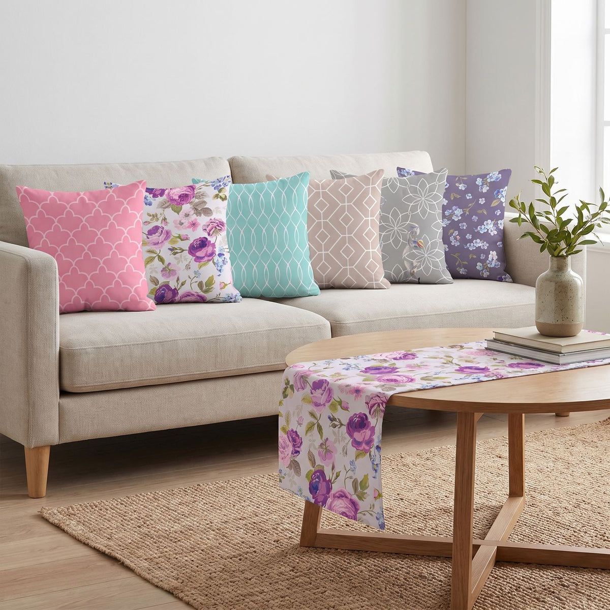 Lilac Petals — set of six printed cushions with a matching table runner — Karen Fabrics