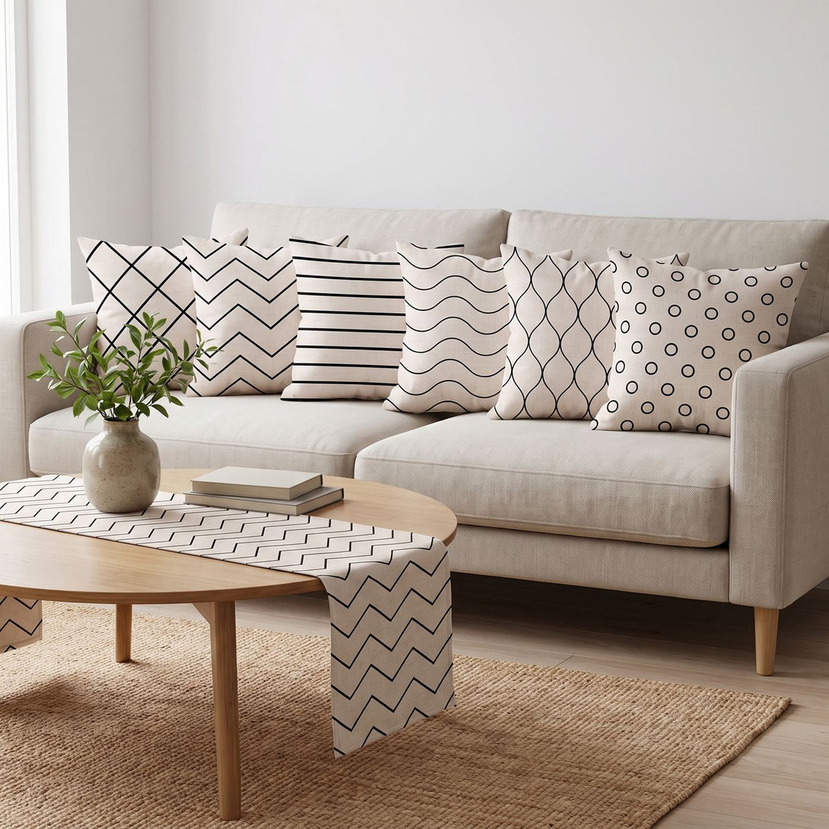 Beige Lines — set of six printed cushions with a matching table runner — Karen Fabrics