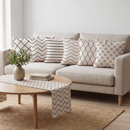 Beige Lines — set of six printed cushions with a matching table runner — Karen Fabrics