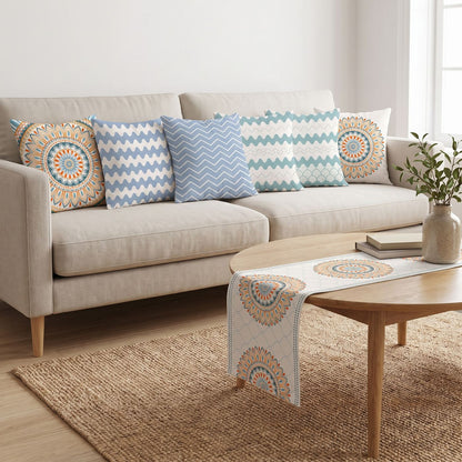 Mint Circles — set of six printed cushions with a matching table runner — Karen Fabrics