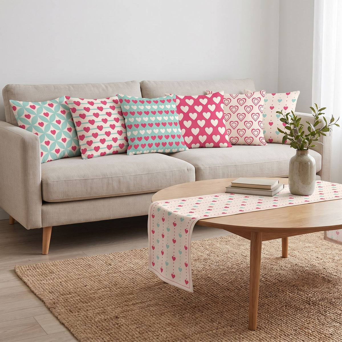 Pink Mosaic — set of six printed cushions with a matching table runner — Karen Fabrics