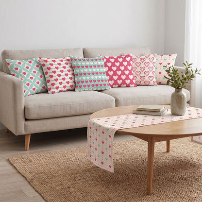 Pink Mosaic — set of six printed cushions with a matching table runner — Karen Fabrics