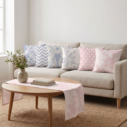 Blush Dots — set of six printed cushions with a matching table runner — Karen Fabrics