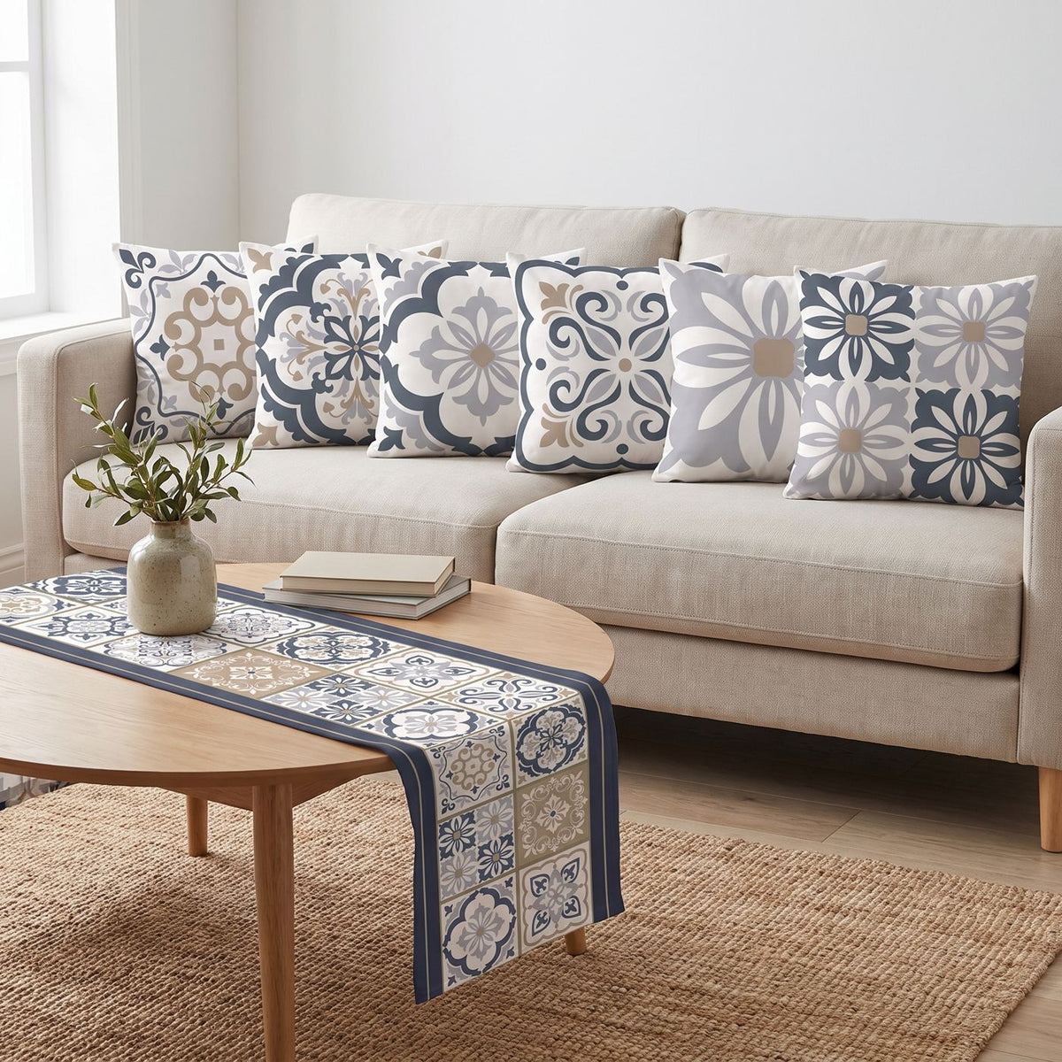 Navy Blossom — set of six printed cushions with a matching table runner — Karen Fabrics
