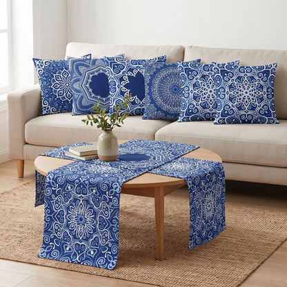 Blue Mandala — set of six printed cushions with a matching table runner — Karen Fabrics