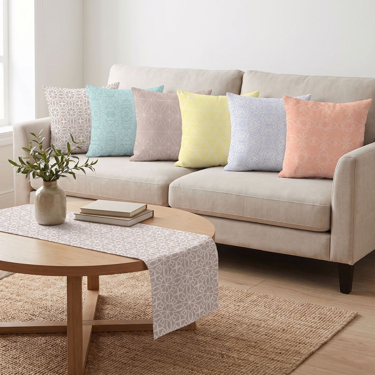 Pastel Plain — set of six printed cushions with a matching table runner — Karen Fabrics