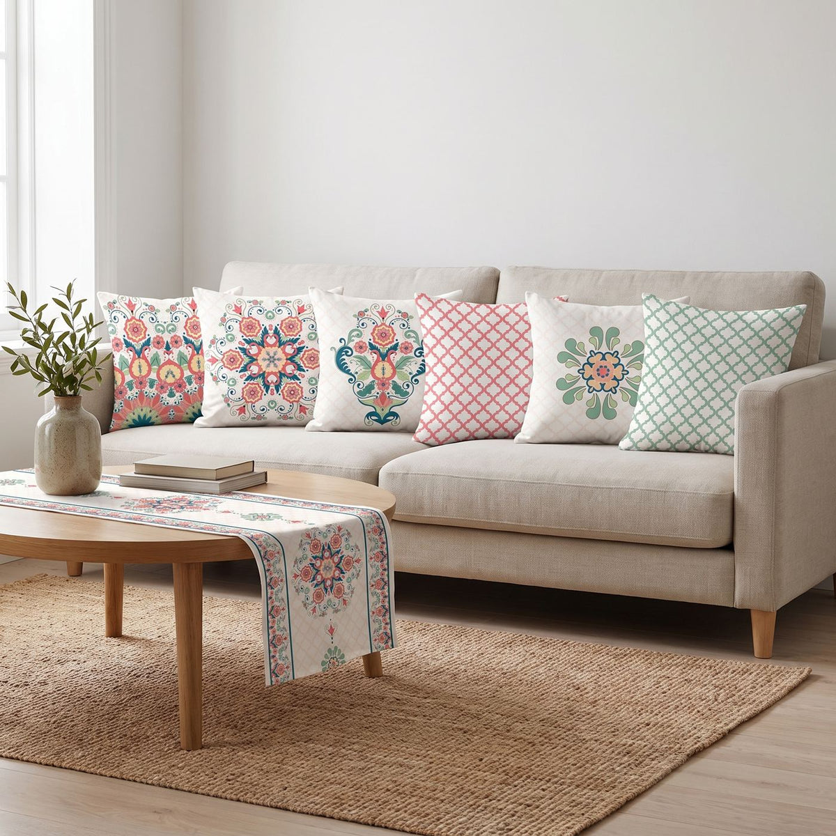 Folk Flowers — set of six printed cushions with a matching table runner — Karen Fabrics