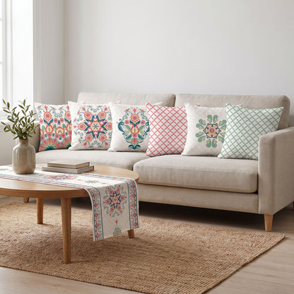 Folk Flowers — set of six printed cushions with a matching table runner — Karen Fabrics
