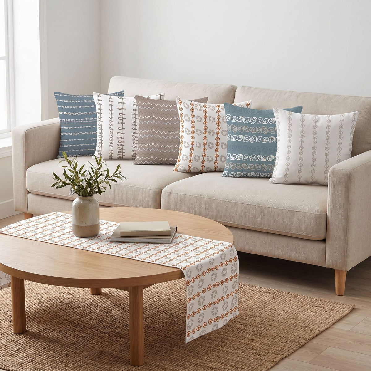 Blue Stripes — set of six printed cushions with a matching table runner — Karen Fabrics