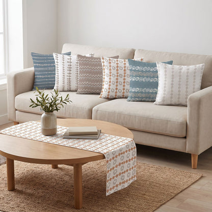 Blue Stripes — set of six printed cushions with a matching table runner — Karen Fabrics
